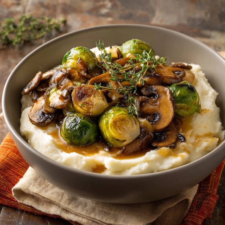 Knuspriger Rosenkohl mit Pilzen auf cremigem Kartoffelpüree