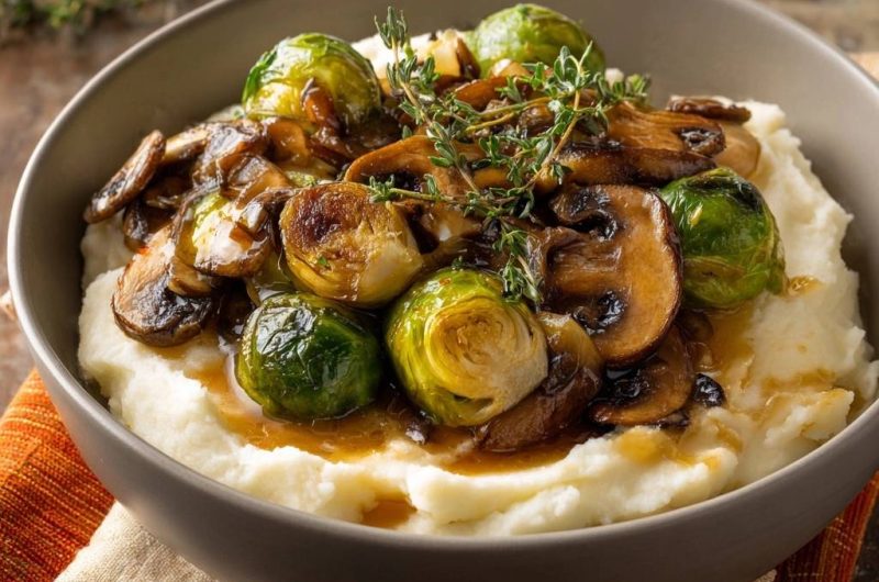 Knuspriger Rosenkohl mit Pilzen auf cremigem Kartoffelpüree