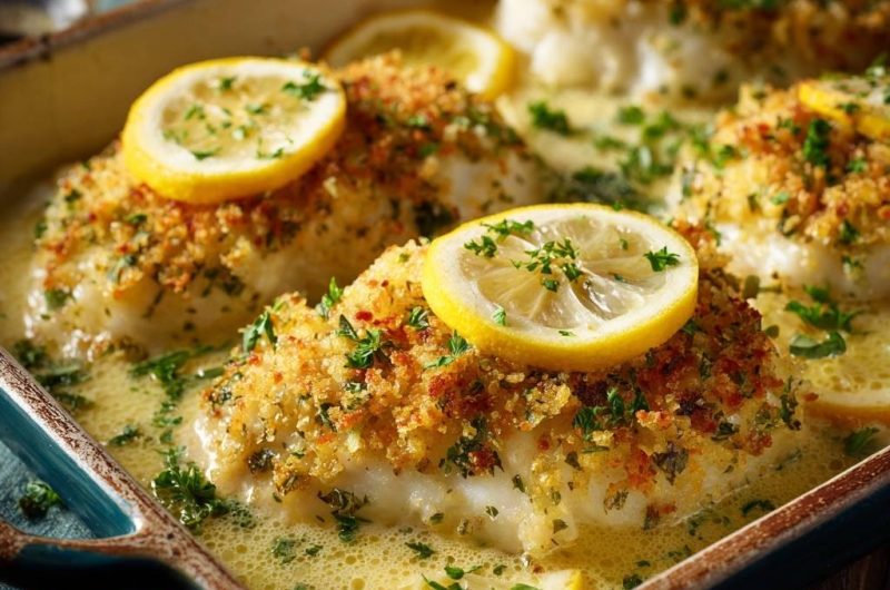 Knuspriger Zitronen-Kabeljau im Sahnebad