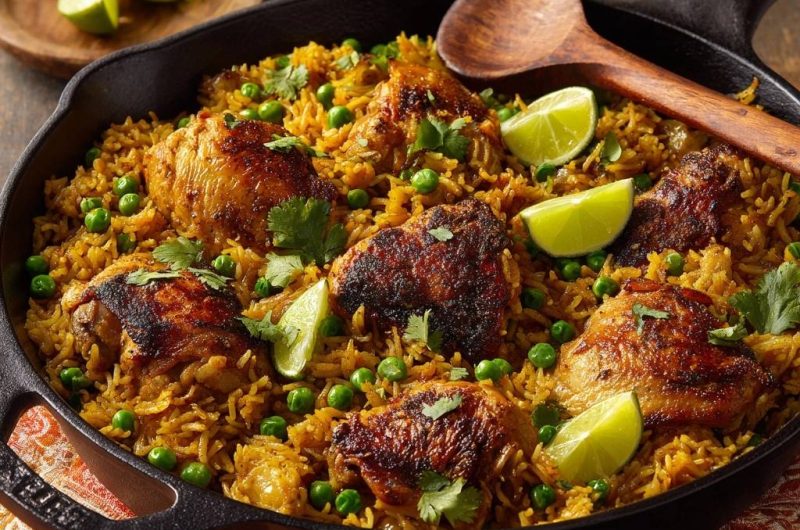 One-Pot Hähnchenreis mit Erbsen und Limette (Nie wieder matschiger Reis!)