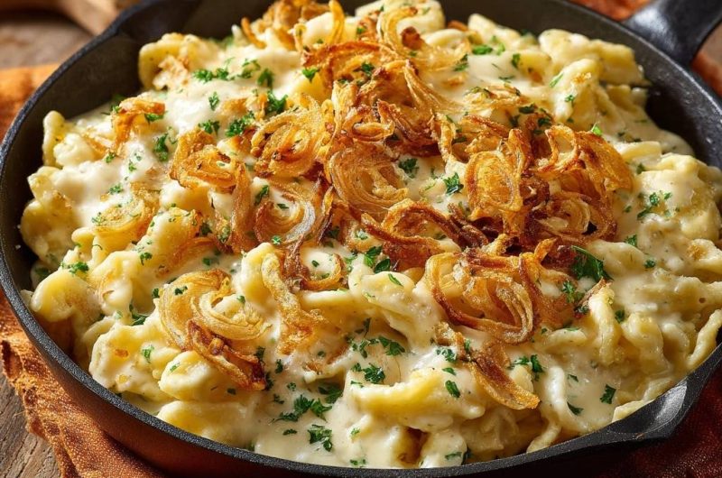 Rustikale Käsespätzle mit knusprigen Zwiebeln