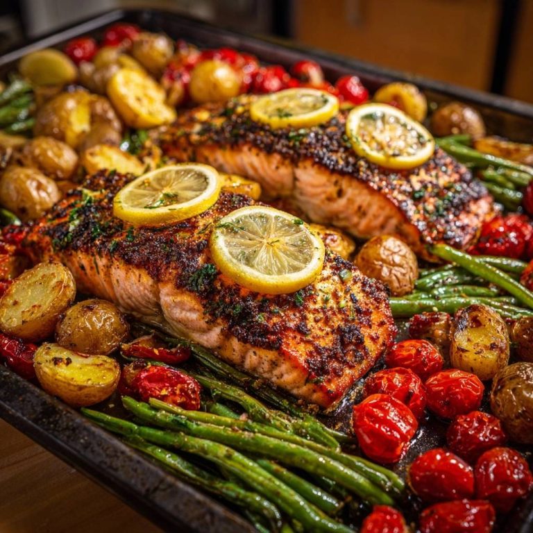 Saftiger Ofenlachs mit Babykartoffeln, Bohnen & Tomaten