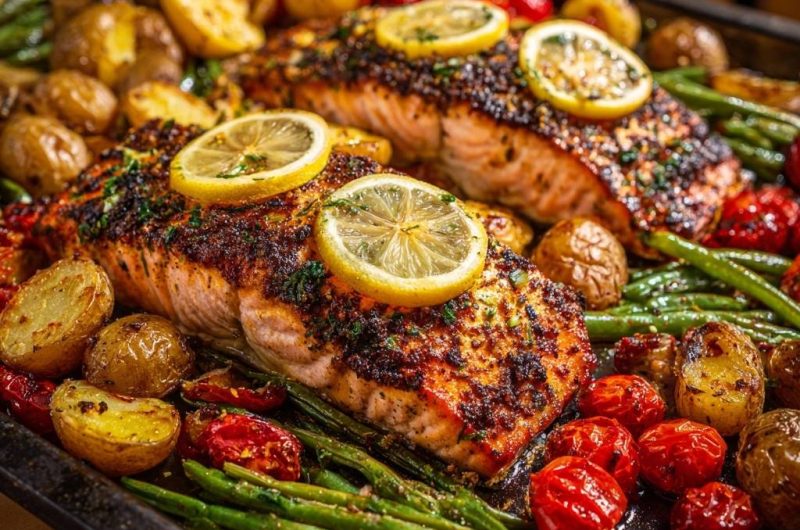 Saftiger Ofenlachs mit Babykartoffeln, Bohnen & Tomaten