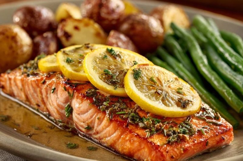 Saftiger Zitronen-Lachs mit Babykartoffeln und Bohnen