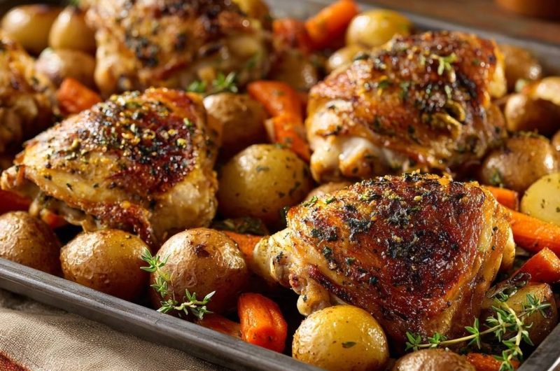 Saftiges Ofenhähnchen mit Babykartoffeln und Karotten