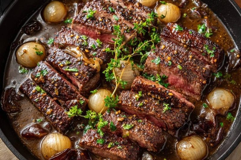 Saftiges Rindfleisch mit Perlzwiebeln und Pilzen