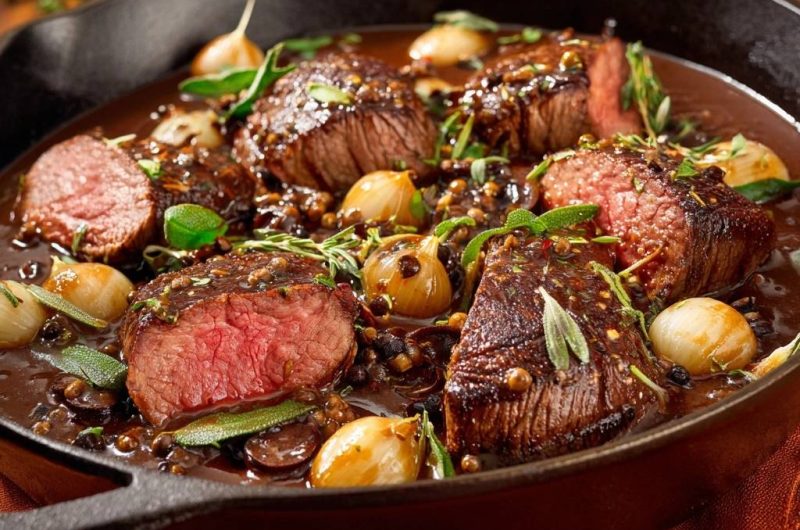 Saftiges Rindfleisch mit Pilzen und Perlzwiebeln