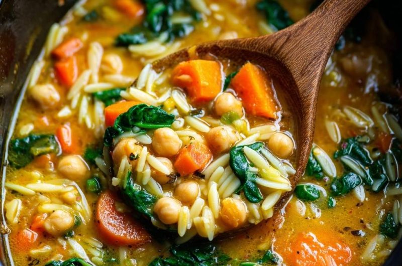 Slowcooker-Orzo-Eintopf mit Kichererbsen, Karotten & Spinat
