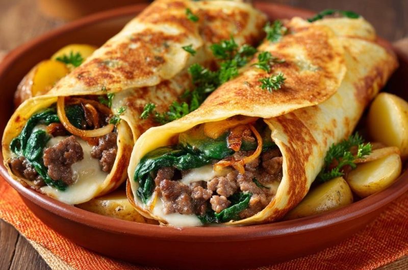 Spinat-Hack-Crépes mit Kartoffeln