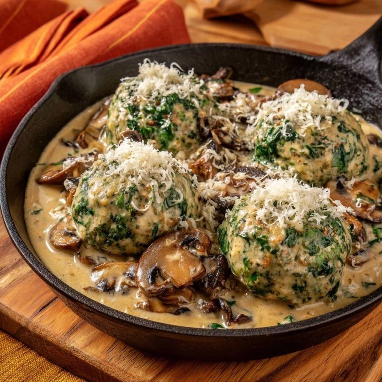 Spinatklöße in cremiger Pilzsoße – Rezept