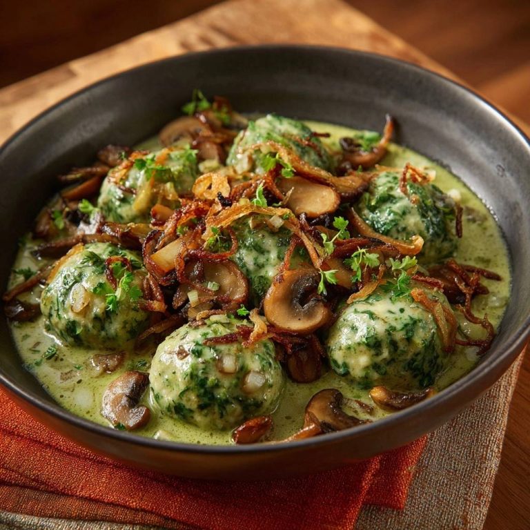 Spinatknödel in cremiger Pilzsoße – Nie auseinander!