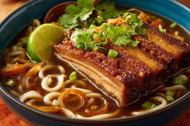 Udon-Nudelsuppe mit knusprigem Bauchspeck