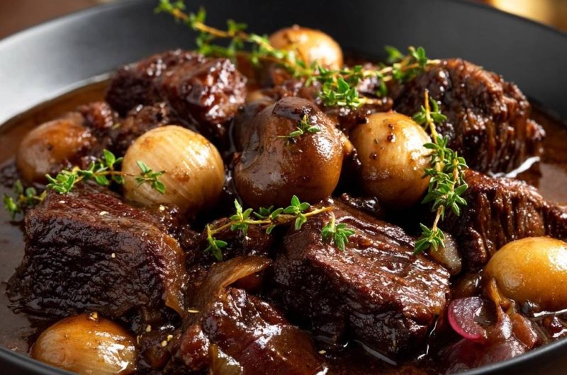 Zartes Rindfleisch mit Pilzen und Perlzwiebeln