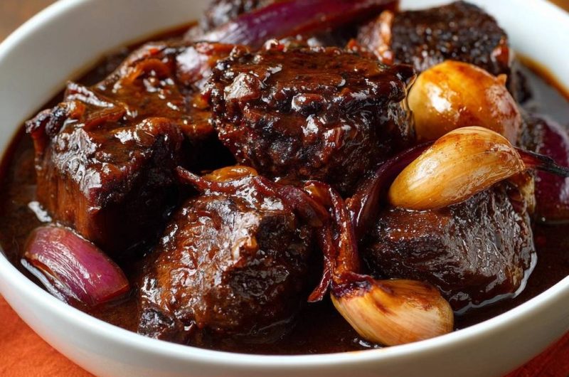 Zartes Rindfleischgulasch mit Rotzwiebeln und Knoblauch