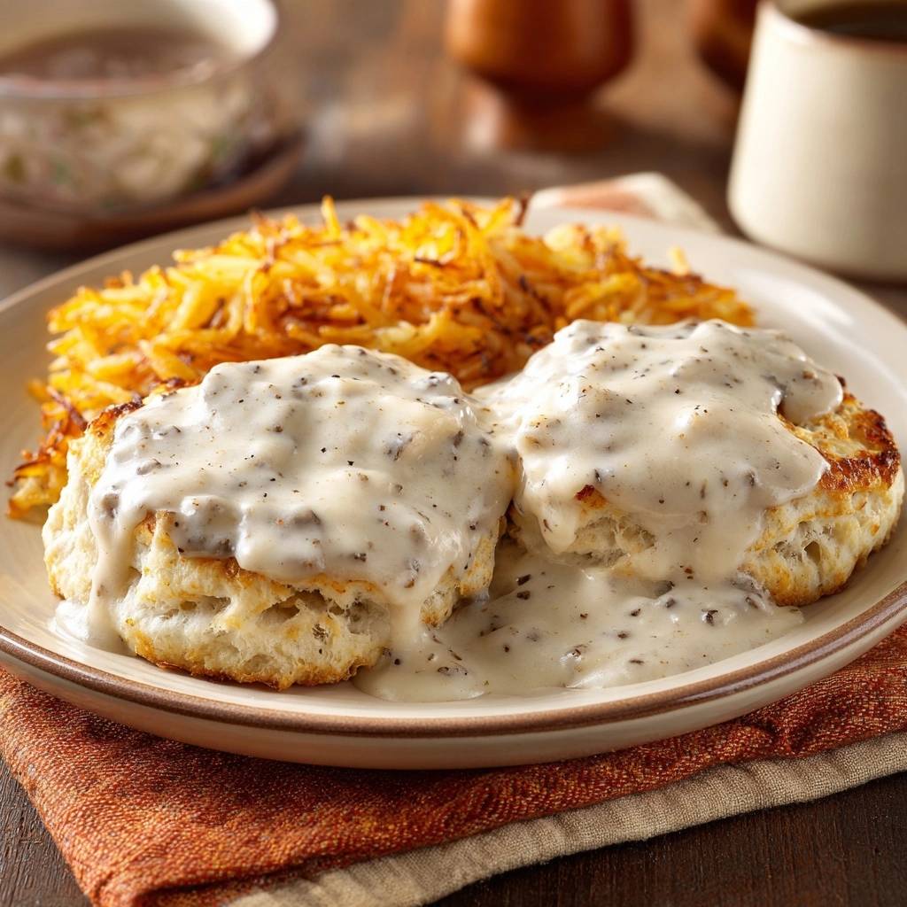 Amerikanische Biscuits mit cremiger Wurstsoße und Hash Browns, serviert auf einem Teller mit orangenem Stoffserviette.
