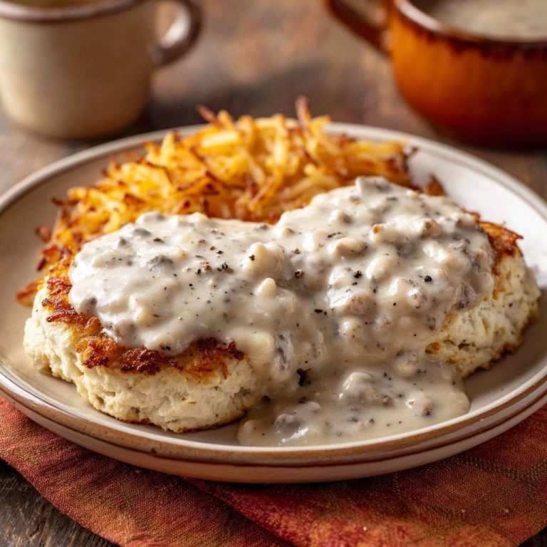 Amerikanische Biscuits mit cremiger Wurstsoße und Hash Browns, serviert auf einem Teller mit Kaffee im Hintergrund