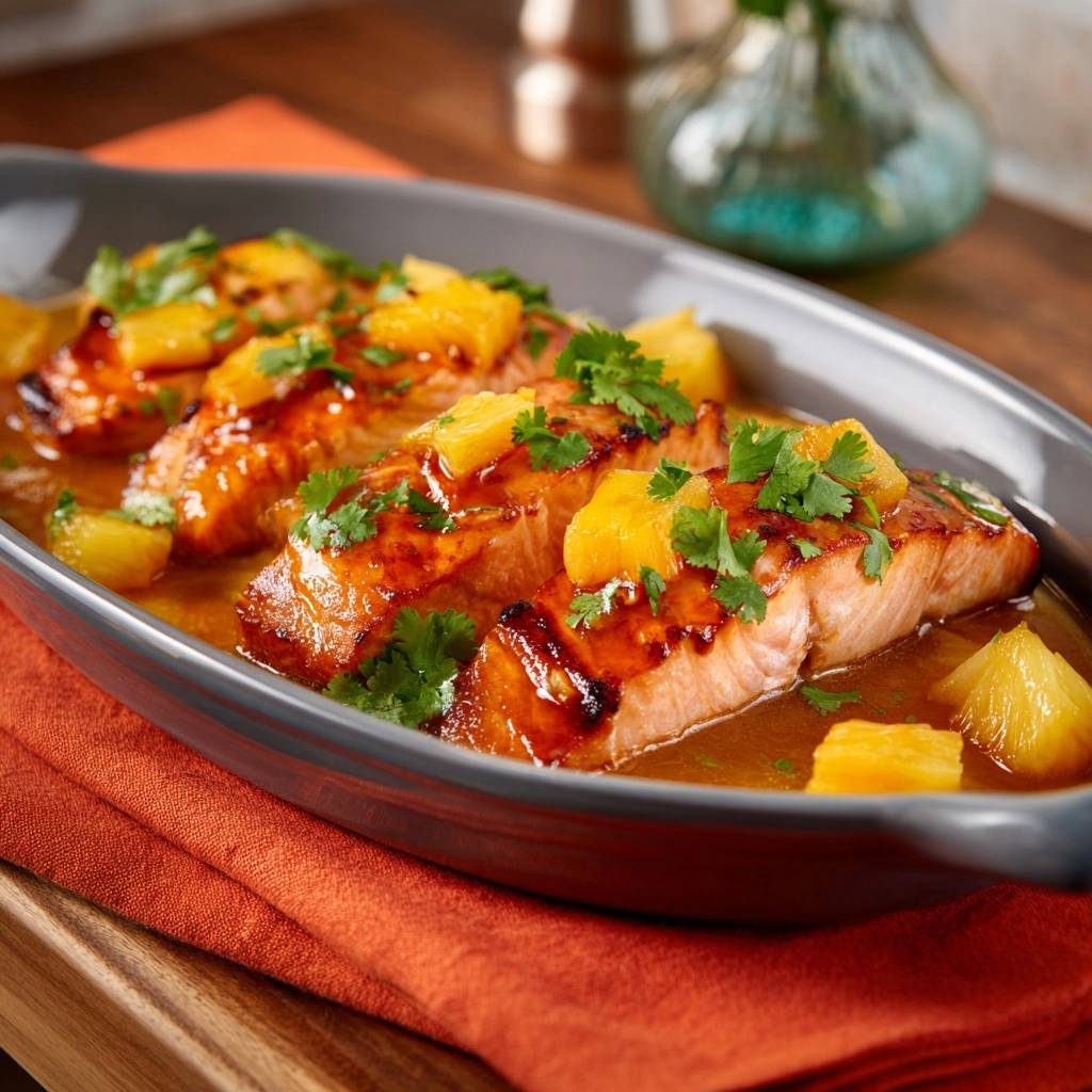 Ananas-glasiertes Lachsfilet mit frischer Petersilie und Ananasstücken garniert, serviert in einer Soße.