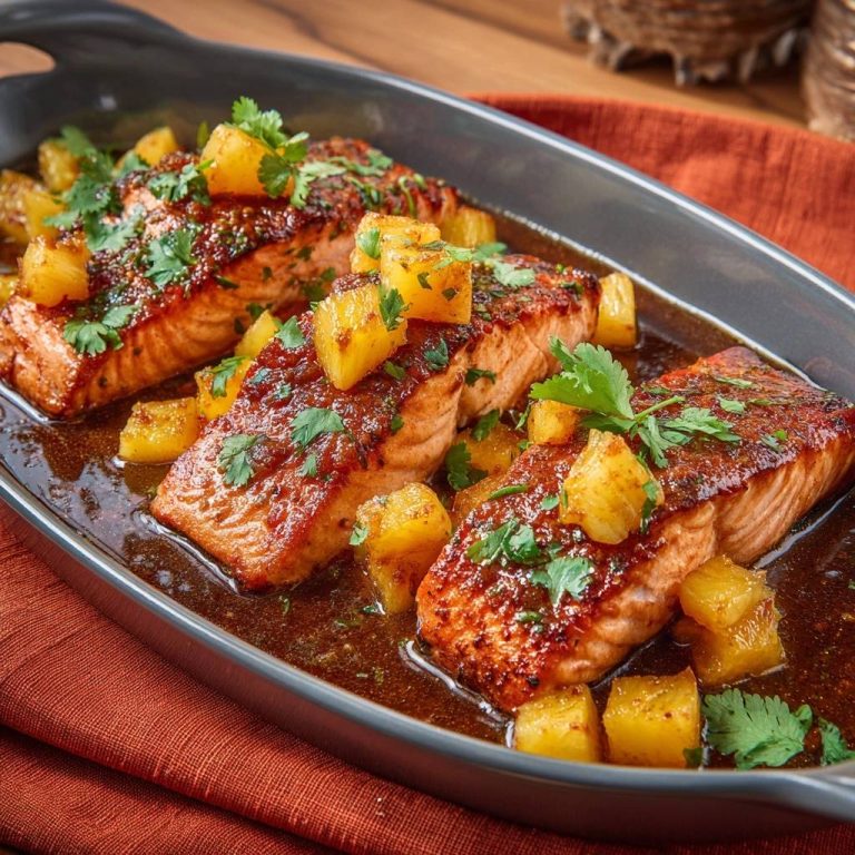 Ananas-glasiertes Lachsfilet mit einem Hauch von Koriander und Ananasstücken, serviert in einer glänzenden Sauce.