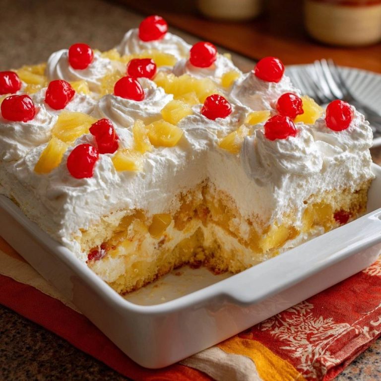 Ananas-Sahne-Kuchen angeschnitten, zeigt saftige Füllung aus Ananasstücken und Sahne, garniert mit Kirschen und Ananas.