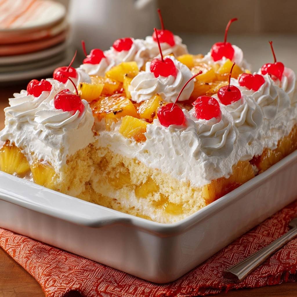 Ananas-Sahne-Kuchen angeschnitten im Detail mit Sahnetupfern und Kirschen auf der Oberseite.
