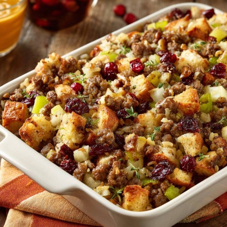 Apfel-Cranberry-Wurst-Brotdressing als Nahaufnahme in einer weißen Auflaufform mit sichtbaren Brotwürfeln, Wurst, Äpfeln und Cranberries.
