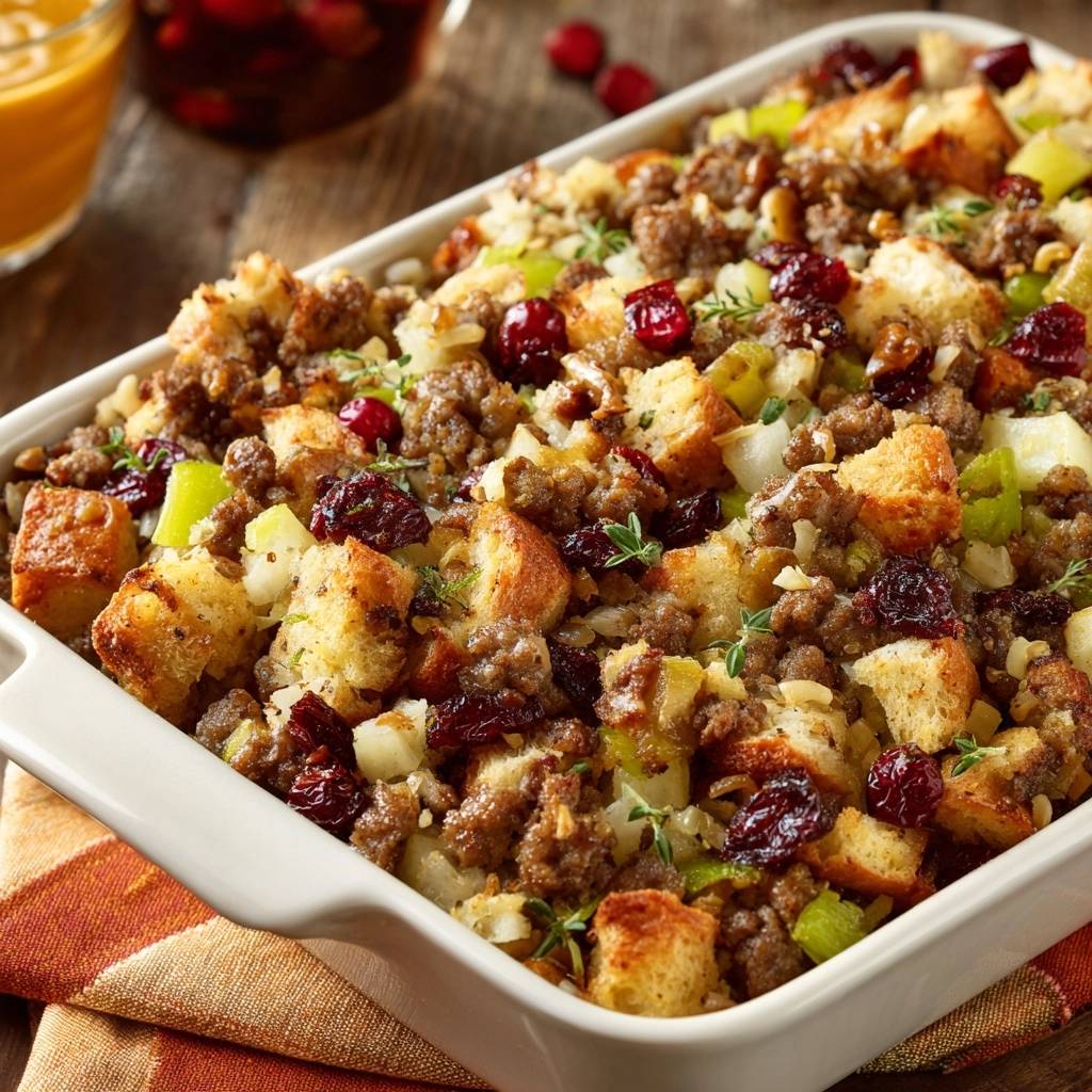 Apfel-Cranberry-Wurst-Brotdressing als Nahaufnahme in einer weißen Auflaufform mit sichtbaren Brotwürfeln, Wurst, Äpfeln und Cranberries.