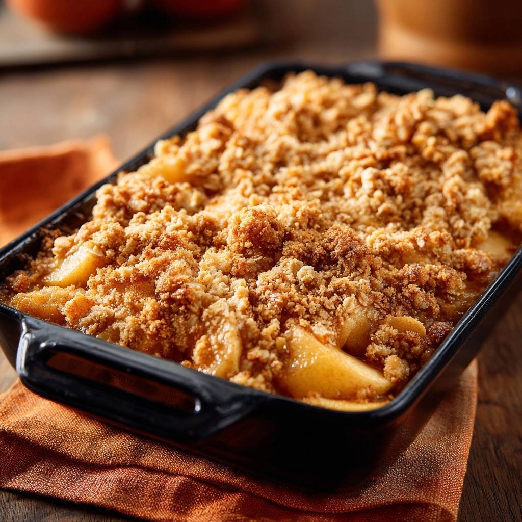 Apfel-Crumble mit einer Nahaufnahme der knusprigen Streusel-Textur, die die saftigen Äpfel bedeckt.
