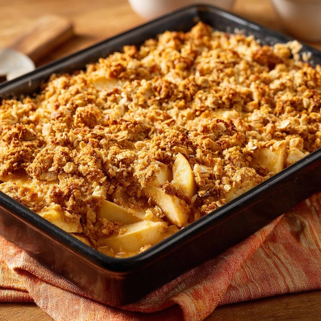 Apfel-Crumble im schwarzen Backblech, knuspriger Streusel bedeckt die gebackenen Äpfel von oben.