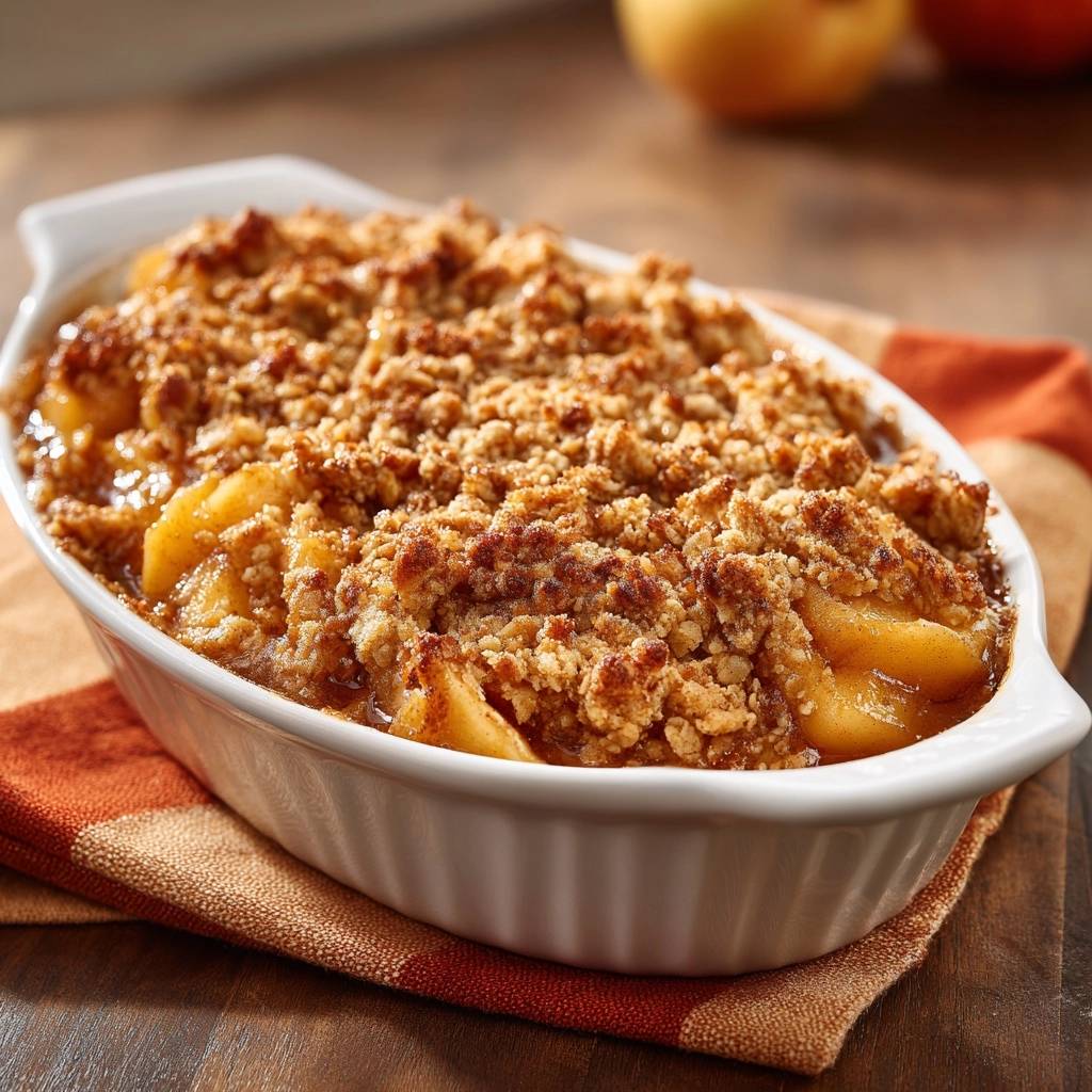 Apfel-Crumble mit goldbraunen, knusprigen Streuseln in einer weißen Auflaufform, Nahaufnahme.