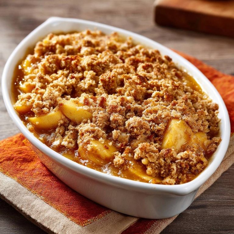 Apfel-Crumble mit goldenen, knusprigen Streuseln in einer weißen Auflaufform, nahaufnahme