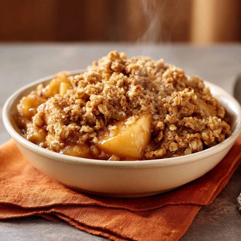 Knuspriger Apfel-Hafer-Crumble, der heiss aus der Schüssel dampft und frisch gebacken aussieht.