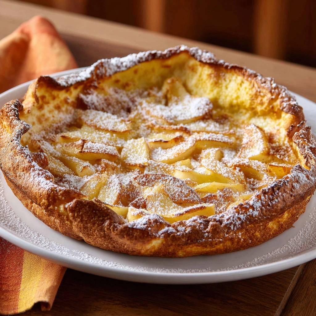 Apfel-Ofenpfannkuchen mit Puderzucker bestäubt, eine Nahaufnahme des fluffigen Gebäcks mit Apfelstücken.