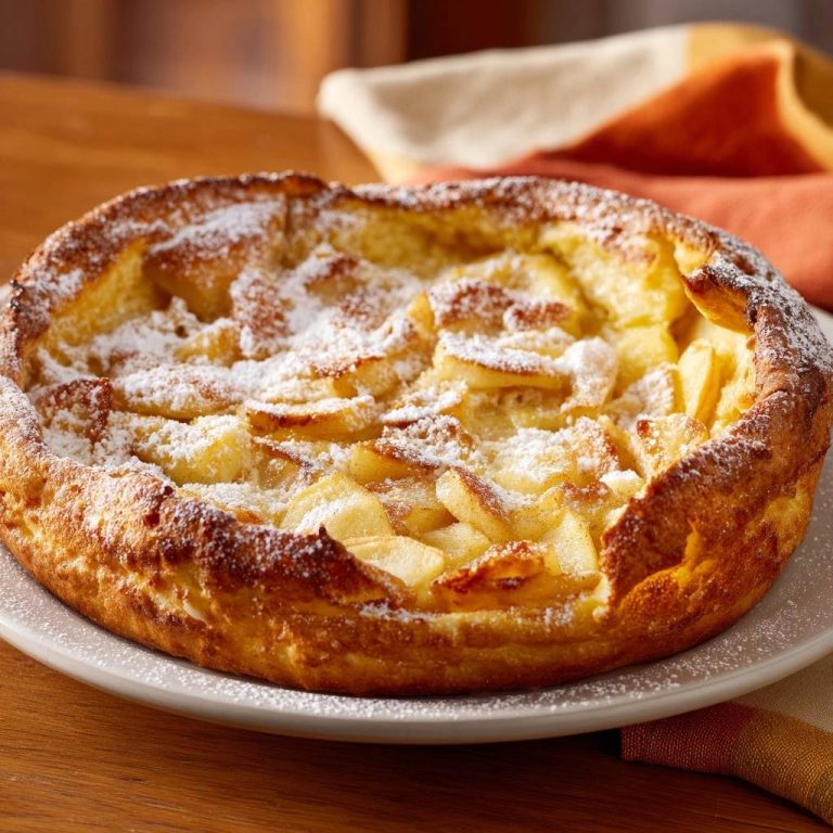 Apfel-Ofenpfannkuchen mit Puderzucker bestäubt, in einer Nahaufnahme auf einem Teller präsentiert, zeigt die fluffige Höhe.