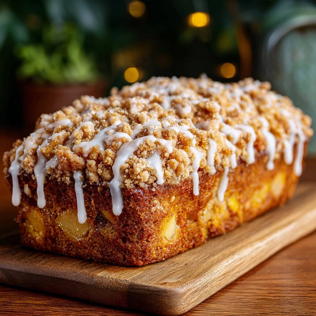 Apfel-Streuselkuchen mit Puderzucker bestreut und glasiert, auf einem Holzbrett serviert