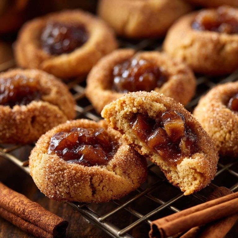 Apfel-Zimt-Daumenplätzchen angeschnitten, um die saftige Apfel-Zimt-Füllung und die zarte Keksstruktur zu zeigen.