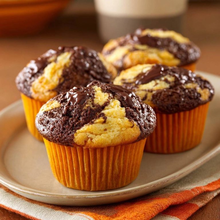 Bananen-Schoko-Marmormuffins mit saftiger Textur, serviert auf einem Teller mit einem orangefarbenen Tuch.