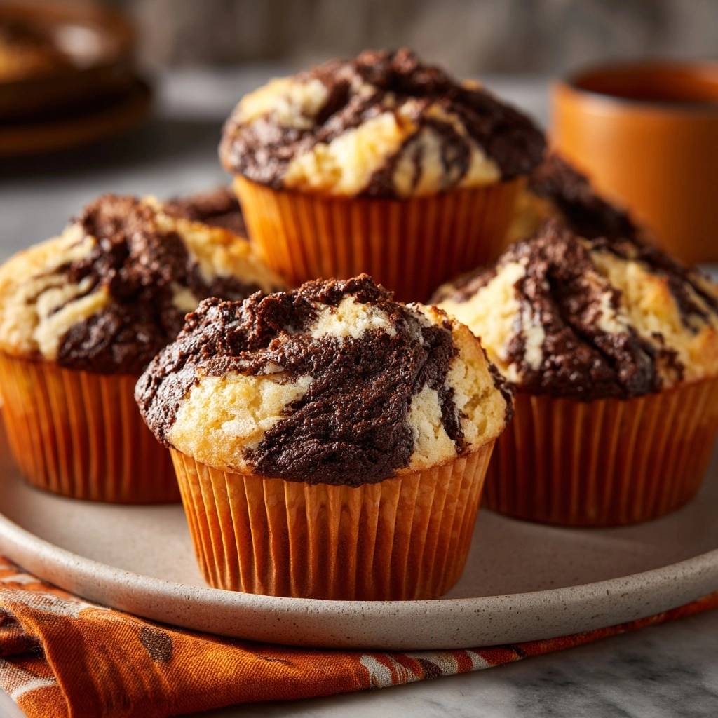 Bananen-Schoko-Marmormuffins auf einem Teller mit einem orangen Tuch, Nahaufnahme der Marmorierung