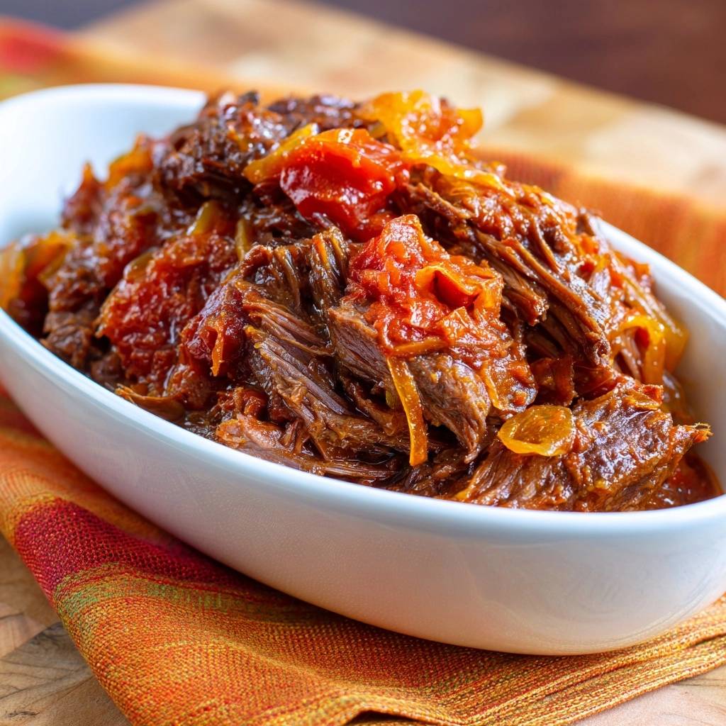 Birria Rindfleisch, zart und faserig, serviert in einer weißen Schüssel auf einem bunten Tuch.