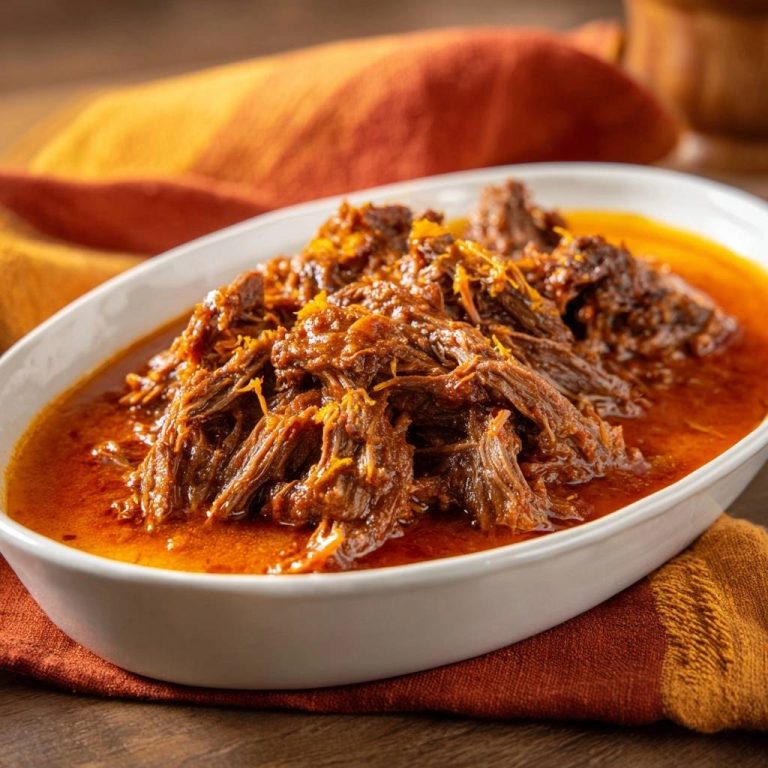 Birria Rindfleisch in einer weißen Schüssel, als Nahaufnahme mit viel Sauce und zartem Fleisch serviert.