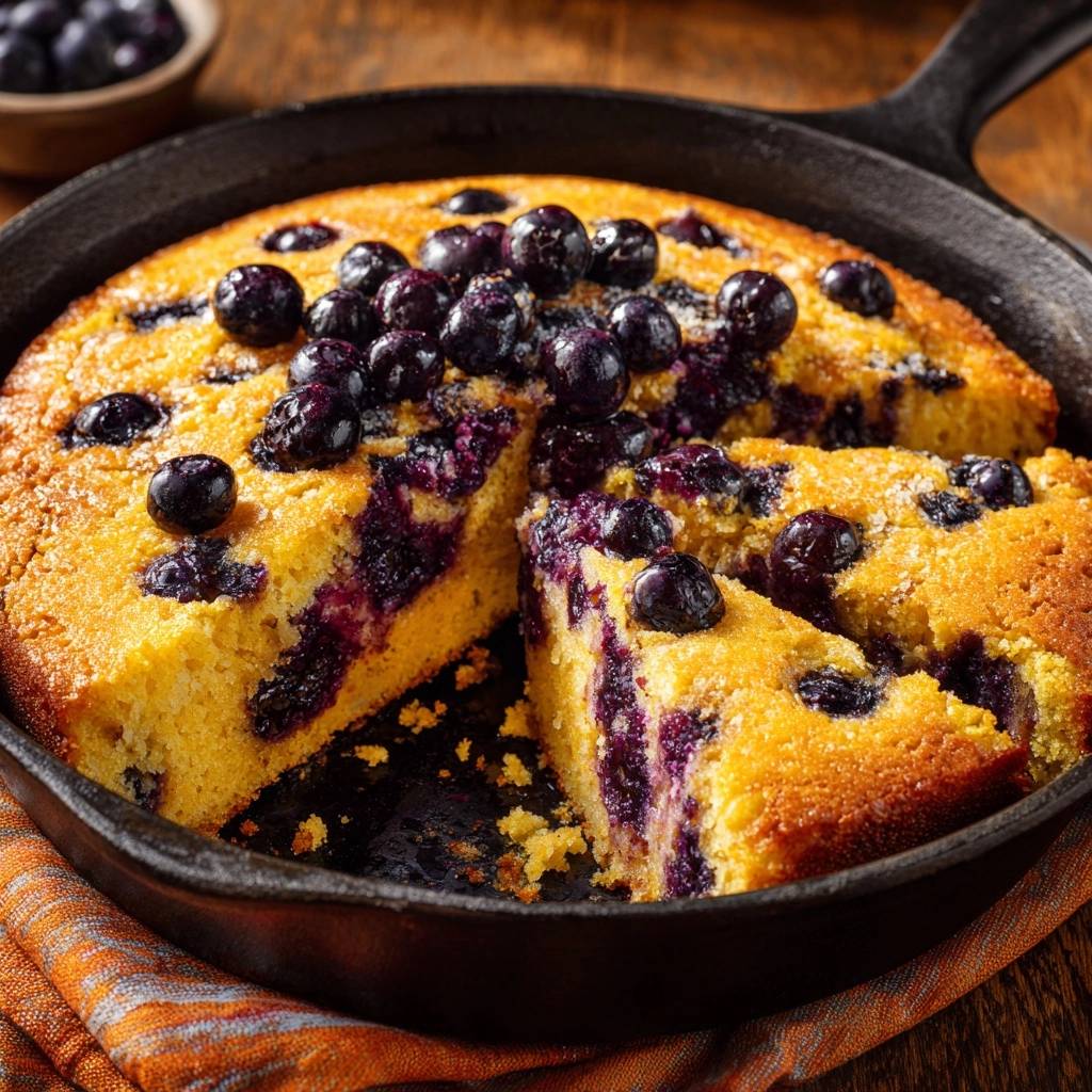 Blaubeer-Cornbread aus der Gusseisenpfanne, angeschnitten und mit Blaubeeren garniert, zeigt das goldgelbe Innere.