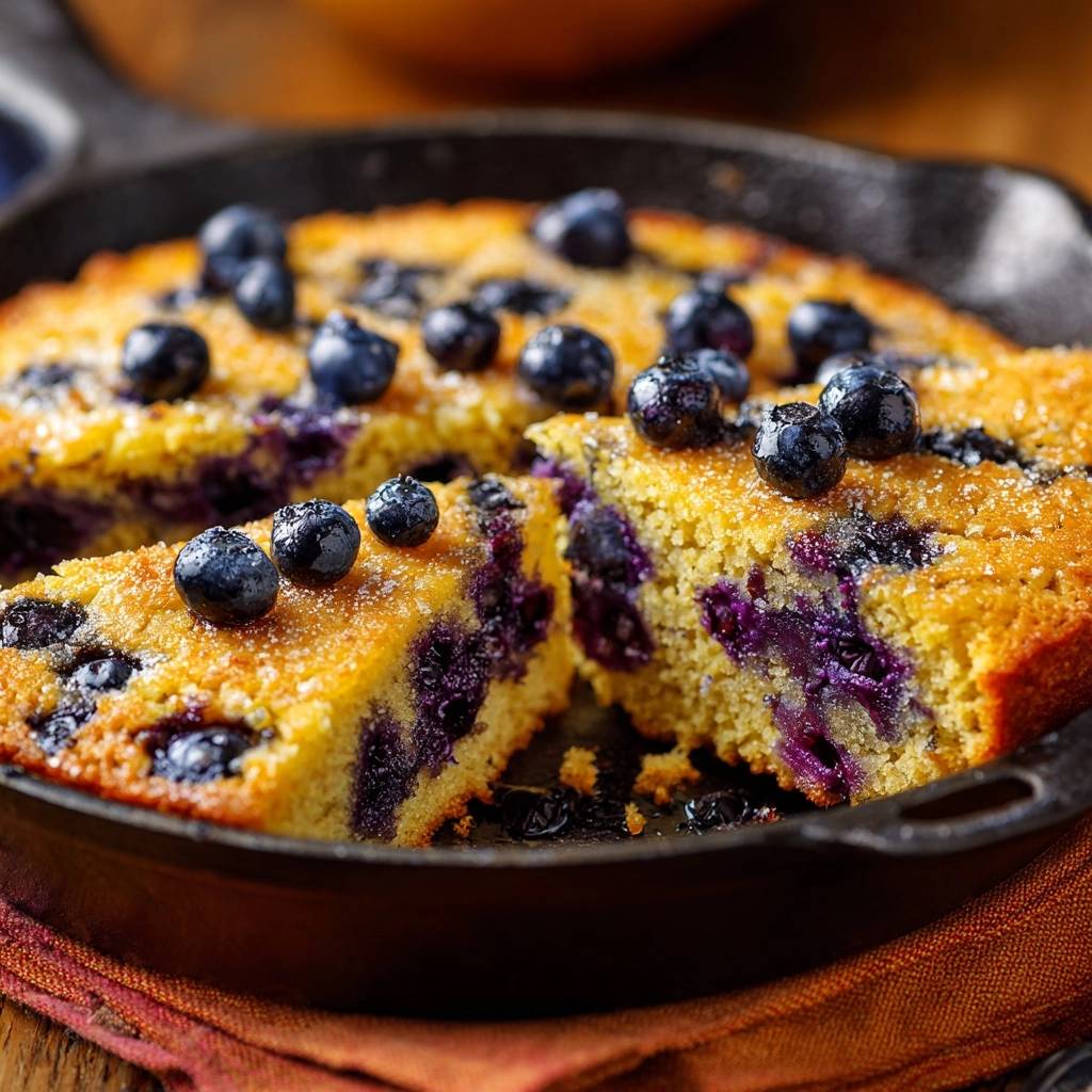 Blaubeer-Cornbread aus der Gusseisenpfanne, angeschnitten mit sichtbarem Inneren und Blaubeeren.