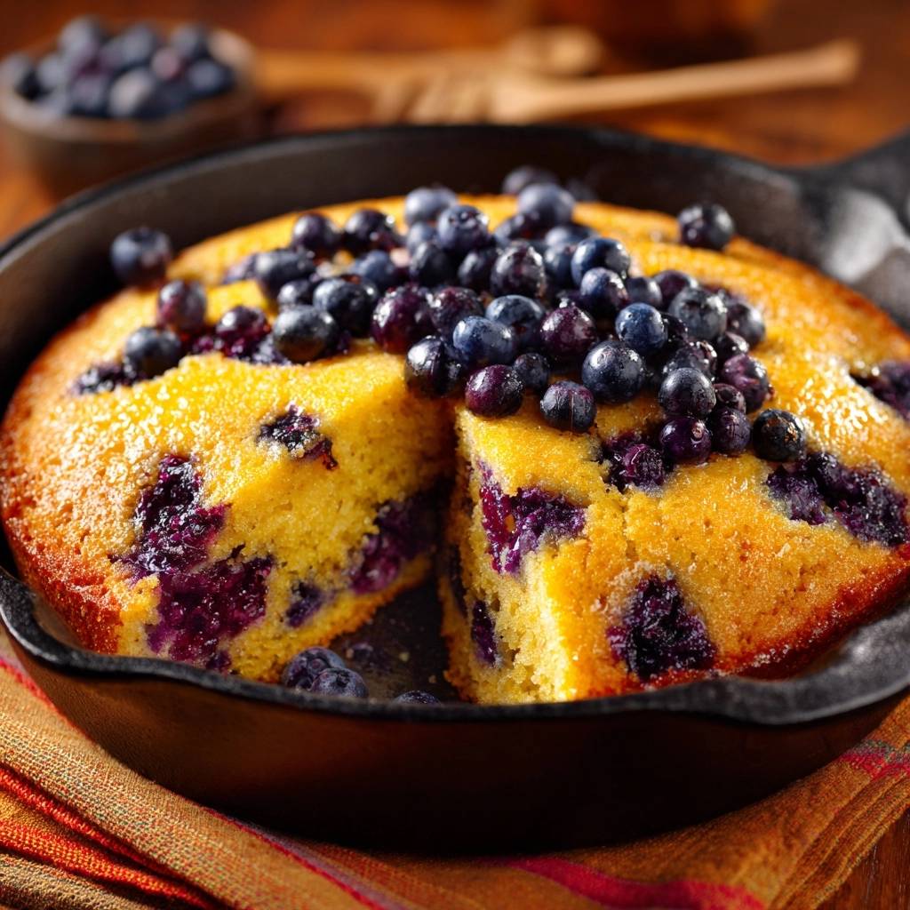 Blaubeer-Cornbread aus der Gusseisenpfanne, angeschnitten und mit frischen Blaubeeren garniert, zeigt die saftige Textur.