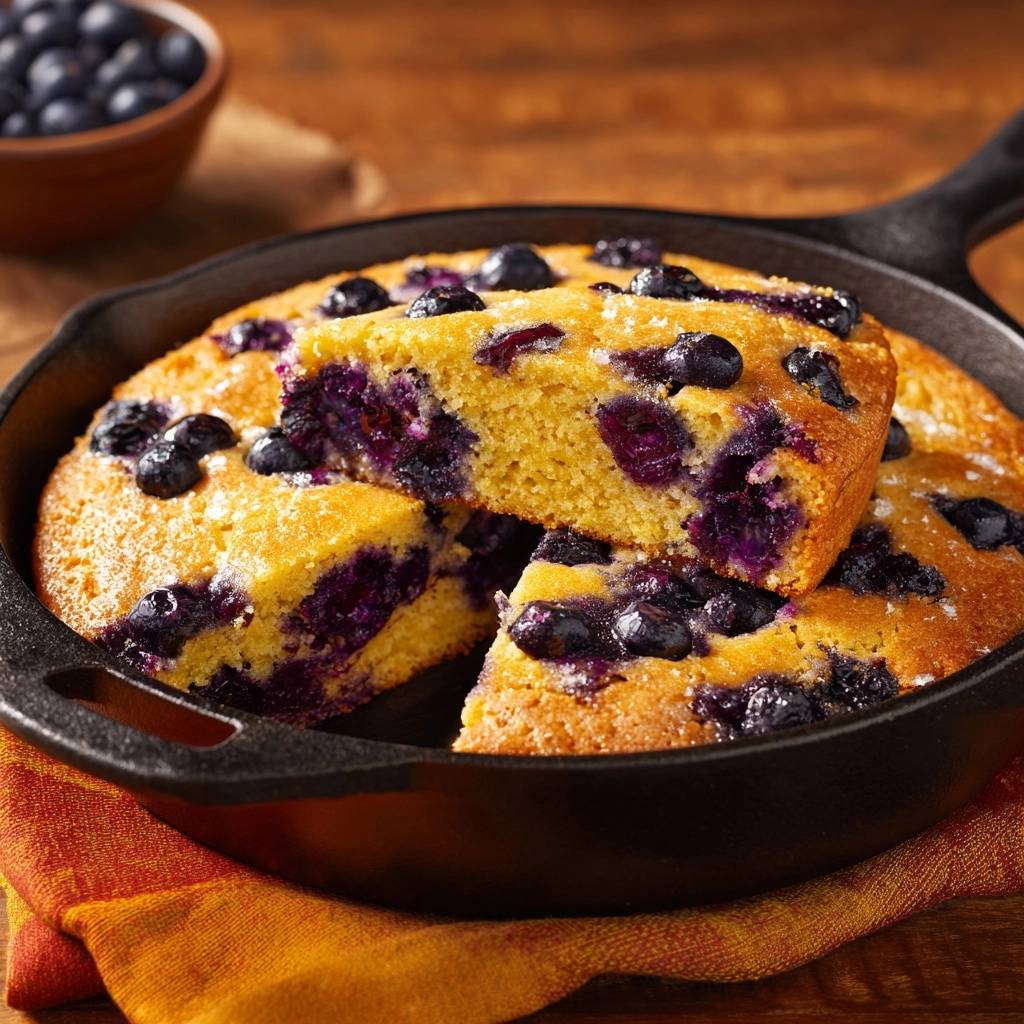 Blaubeer-Cornbread aus der Gusseisenpfanne angeschnitten, mit Blaubeeren im saftigen Inneren