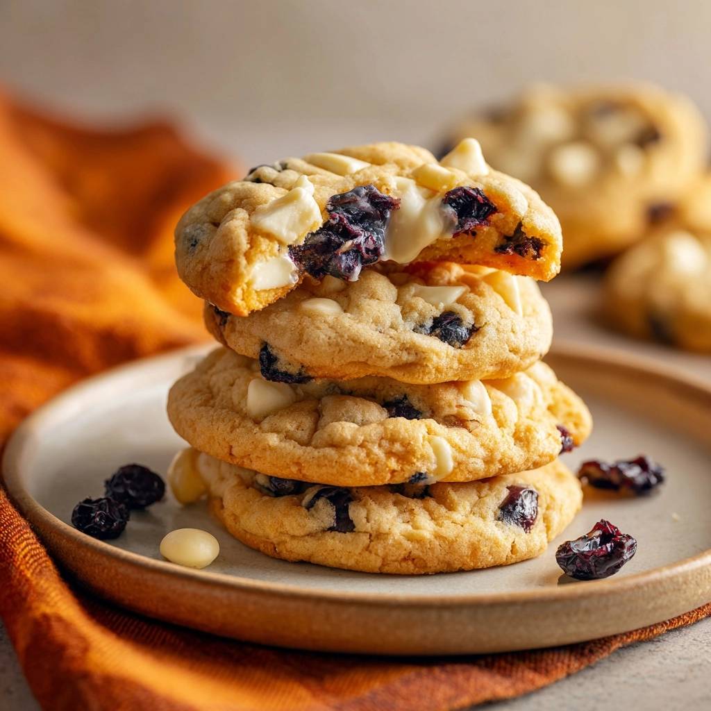 Blaubeer-Weiße-Schokolade-Cookies, angeschnitten, zeigen geschmolzene weiße Schokolade und blaue Beeren im Inneren.