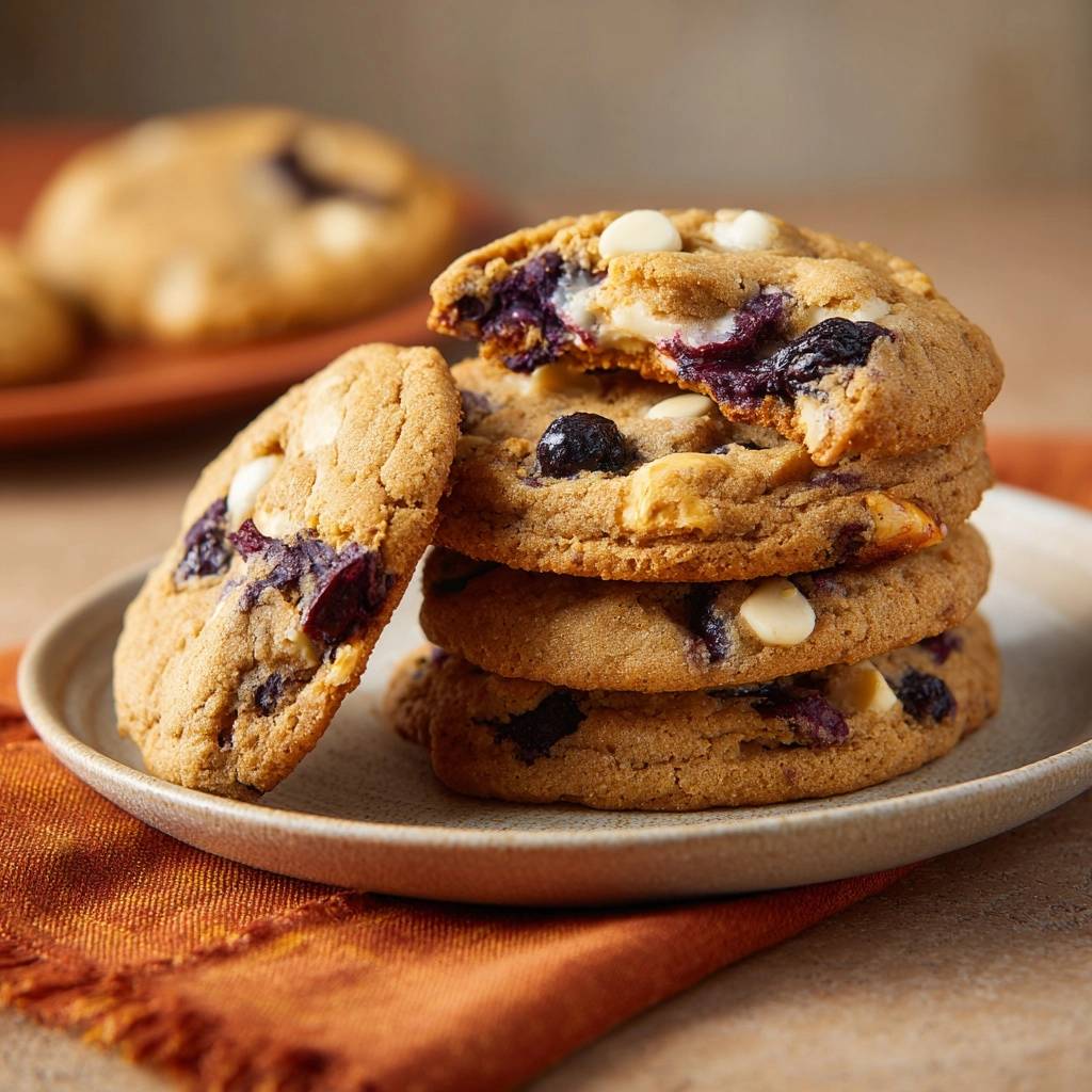 Blaubeer-Weiße-Schokolade-Cookies angeschnitten, mit sichtbaren Beeren und weißer Schokolade im Inneren.