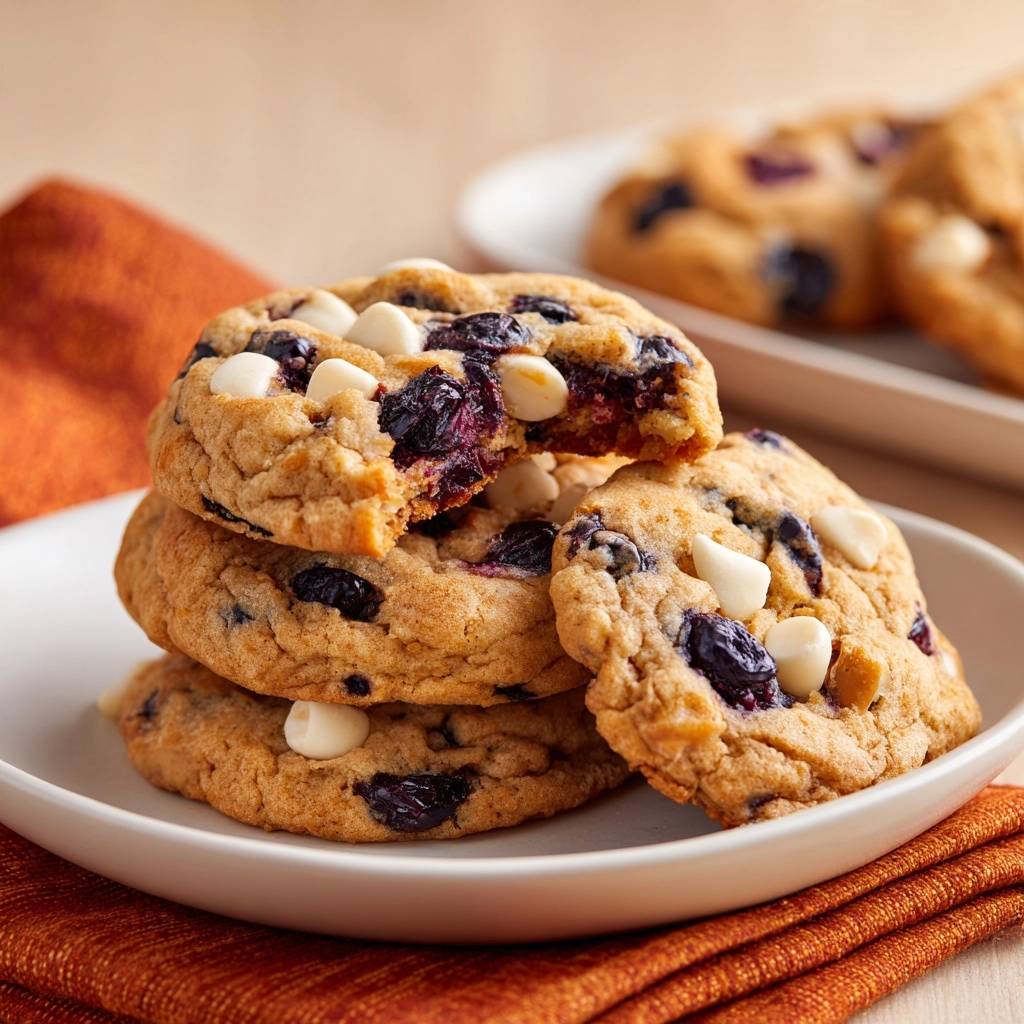 Blaubeer-White-Chocolate-Nuss-Cookies Rezept, ein angeschnittener Keks zeigt den saftigen Kern mit Blaubeeren und weißer Schokolade.