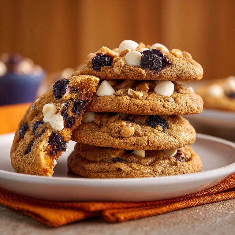 Blaubeer-White-Chocolate-Nuss-Cookies Rezept, angeschnitten mit sichtbaren Blaubeeren, weißer Schokolade und Nüssen im Inneren.
