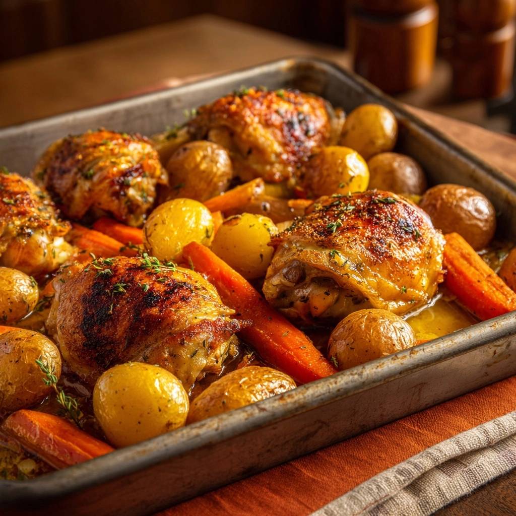 Blechhähnchen mit Kartoffeln und Karotten, nahaufnahme der knusprigen Haut und des saftigen Fleisches auf dem Blech.