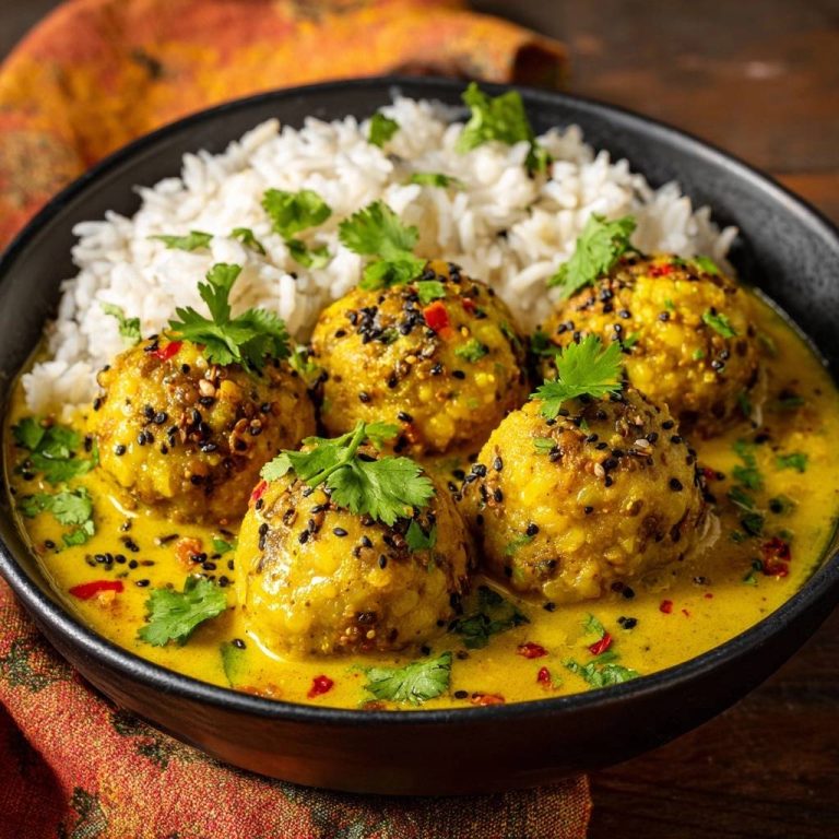 Blumenkohl-Kofta in goldenem Curry mit Reis, serviert in einer Schüssel und garniert mit frischen Kräutern und schwarzen Sesam.