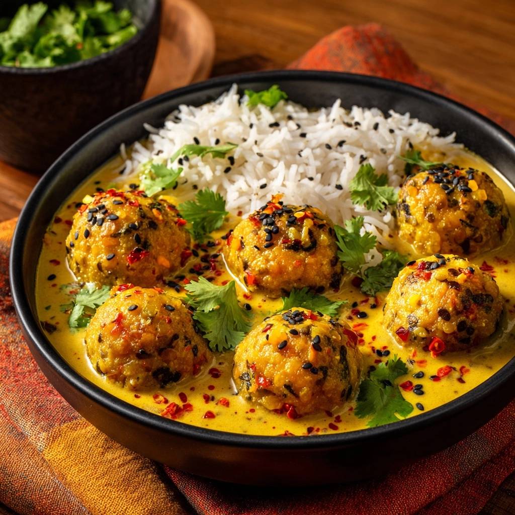 Blumenkohl-Kofta in goldenem Curry mit Reis, serviert mit Basmatireis und garniert mit Koriander und Chilisamen